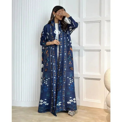 2025 Luxury Dubai Abaya: KAF Pleated Women’s Trench Coat, Vintage Printed Cardigan Design, Plus Size Long Dress for Elegant Females