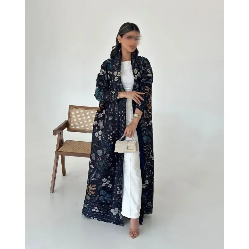 2025 Luxury Dubai Abaya: KAF Pleated Women’s Trench Coat, Vintage Printed Cardigan Design, Plus Size Long Dress for Elegant Females