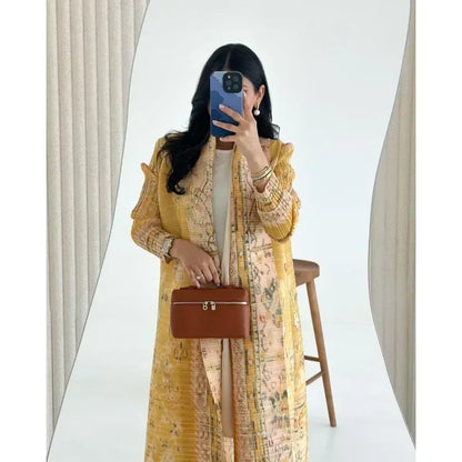 2025 Luxury Dubai Abaya: KAF Pleated Women’s Trench Coat, Vintage Printed Cardigan Design, Plus Size Long Dress for Elegant Females