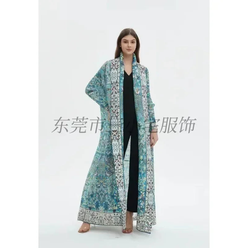 2025 Luxury Dubai Abaya: KAF Pleated Women’s Trench Coat, Vintage Printed Cardigan Design, Plus Size Long Dress for Elegant Females