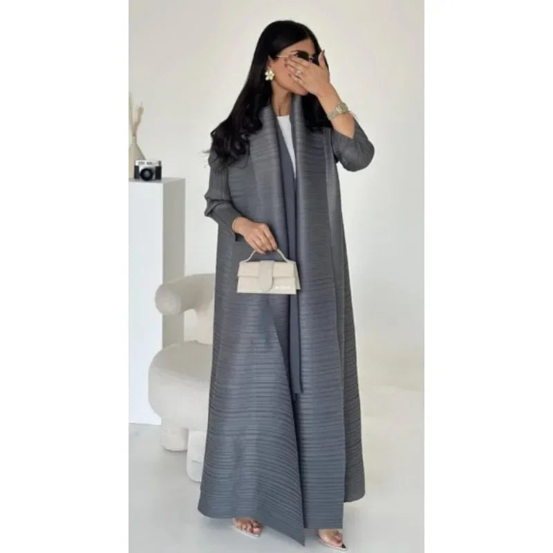 2025 Luxury Dubai Abaya: KAF Pleated Women’s Trench Coat, Vintage Printed Cardigan Design, Plus Size Long Dress for Elegant Females