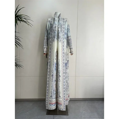 2025 Luxury Dubai Abaya: KAF Pleated Women’s Trench Coat, Vintage Printed Cardigan Design, Plus Size Long Dress for Elegant Females