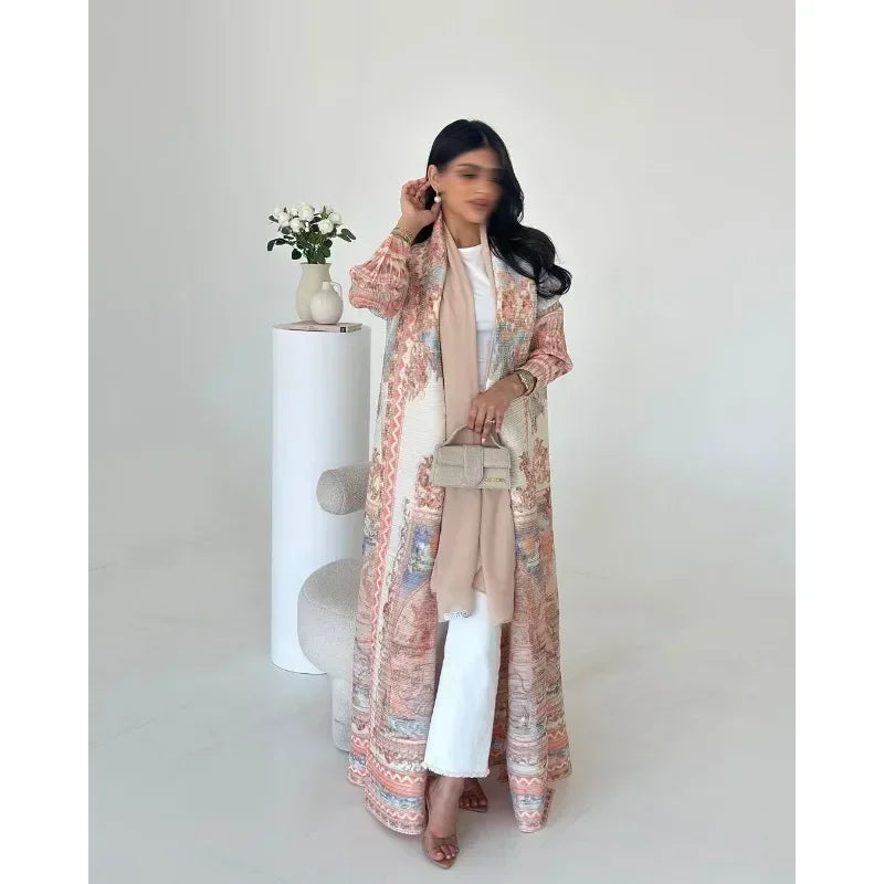 2025 Luxury Dubai Abaya: KAF Pleated Women’s Trench Coat, Vintage Printed Cardigan Design, Plus Size Long Dress for Elegant Females