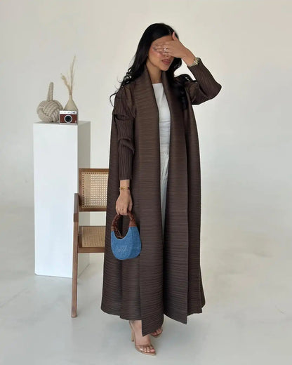 2025 Luxury Dubai Abaya: KAF Pleated Women’s Trench Coat, Vintage Printed Cardigan Design, Plus Size Long Dress for Elegant Females