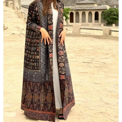 2025 Luxury Dubai Abaya: KAF Pleated Women’s Trench Coat, Vintage Printed Cardigan Design, Plus Size Long Dress for Elegant Females