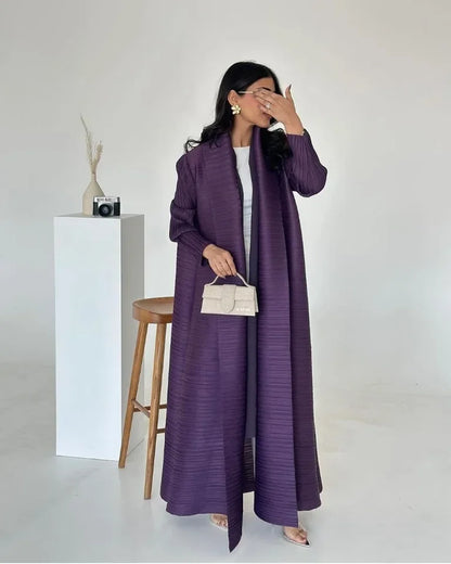 2025 Luxury Dubai Abaya: KAF Pleated Women’s Trench Coat, Vintage Printed Cardigan Design, Plus Size Long Dress for Elegant Females