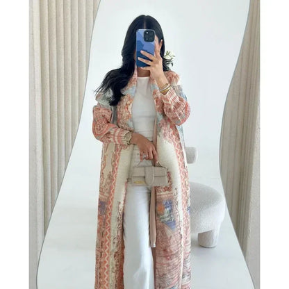 2025 Luxury Dubai Abaya: KAF Pleated Women’s Trench Coat, Vintage Printed Cardigan Design, Plus Size Long Dress for Elegant Females