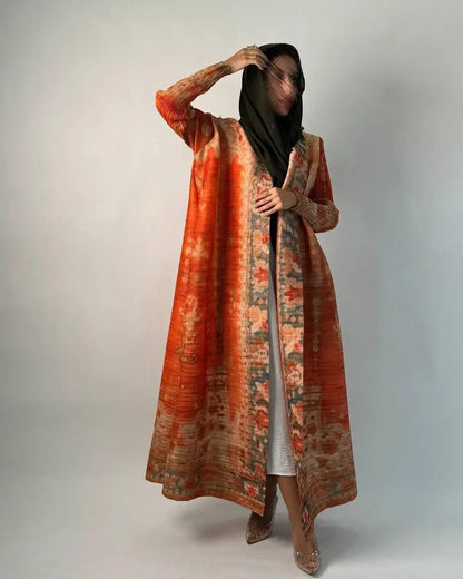 2025 Luxury Dubai Abaya: KAF Pleated Women’s Trench Coat, Vintage Printed Cardigan Design, Plus Size Long Dress for Elegant Females