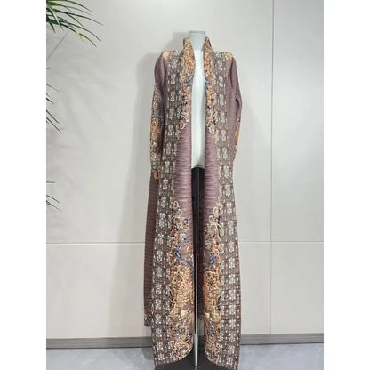 2025 Luxury Dubai Abaya: KAF Pleated Women’s Trench Coat, Vintage Printed Cardigan Design, Plus Size Long Dress for Elegant Females