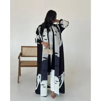 2025 Luxury Dubai Abaya: KAF Pleated Women’s Trench Coat, Vintage Printed Cardigan Design, Plus Size Long Dress for Elegant Females