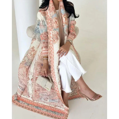 2025 Luxury Dubai Abaya: KAF Pleated Women’s Trench Coat, Vintage Printed Cardigan Design, Plus Size Long Dress for Elegant Females