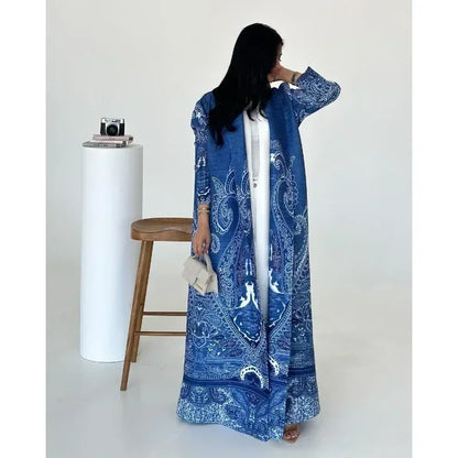 2025 Luxury Dubai Abaya: KAF Pleated Women’s Trench Coat, Vintage Printed Cardigan Design, Plus Size Long Dress for Elegant Females