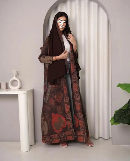 2025 Luxury Dubai Abaya: KAF Pleated Women’s Trench Coat, Vintage Printed Cardigan Design, Plus Size Long Dress for Elegant Females