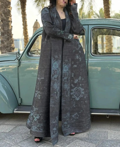 2025 Luxury Dubai Abaya: KAF Pleated Women’s Trench Coat, Vintage Printed Cardigan Design, Plus Size Long Dress for Elegant Females