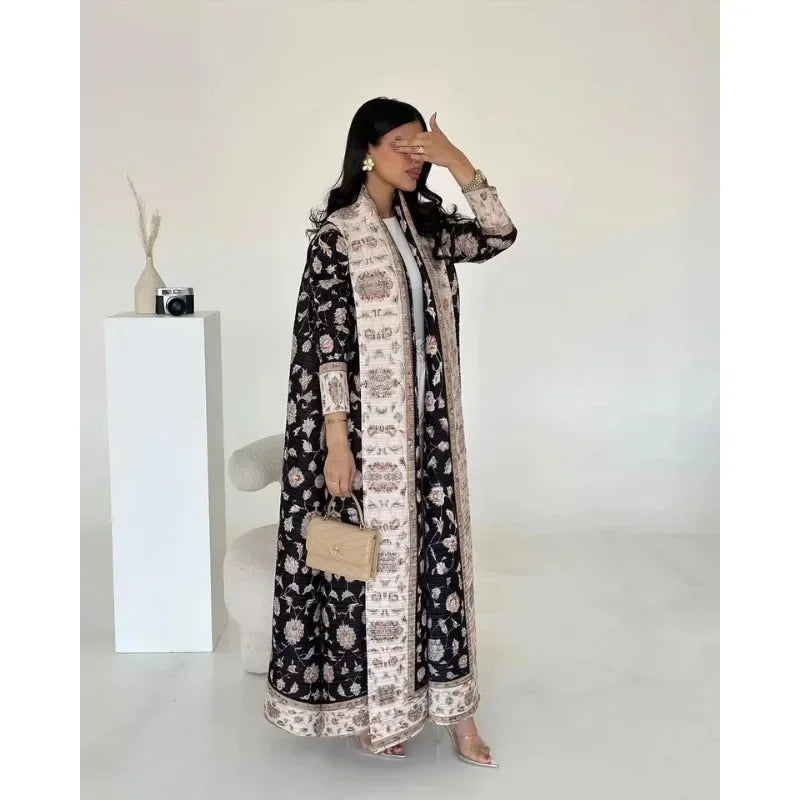 2025 Luxury Dubai Abaya: KAF Pleated Women’s Trench Coat, Vintage Printed Cardigan Design, Plus Size Long Dress for Elegant Females