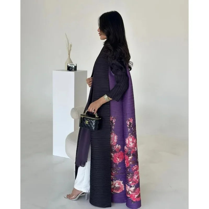 2025 Luxury Dubai Abaya: KAF Pleated Women’s Trench Coat, Vintage Printed Cardigan Design, Plus Size Long Dress for Elegant Females