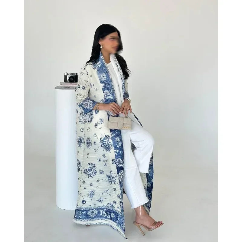 2025 Luxury Dubai Abaya: KAF Pleated Women’s Trench Coat, Vintage Printed Cardigan Design, Plus Size Long Dress for Elegant Females